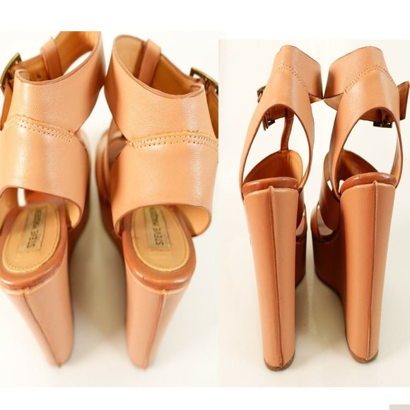 STEVE MADDEN Peach Nude Keenia T‎ Strap Wedge Sandal 8.5 Ankle Strap Peep Toe - Picture 12 of 13